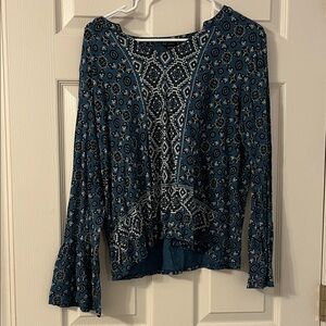 Blue Lucky Brand Patterned Long Sleeve Blouse with Flared Sleeves